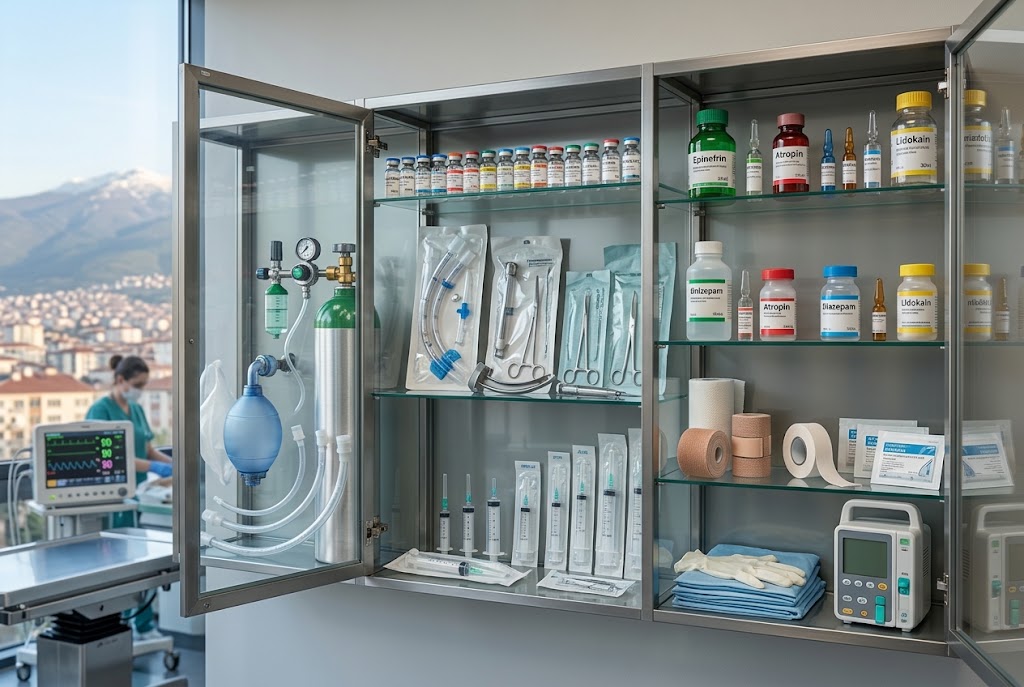 Veteriner kliniğinde düzenli yerleştirilmiş acil müdahale dolabı